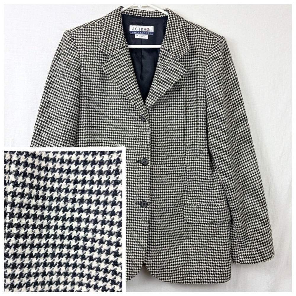 Vintage JG Hook Wool Houndstooth Blazer Sz 14 Tweed Academia Professional Preppy